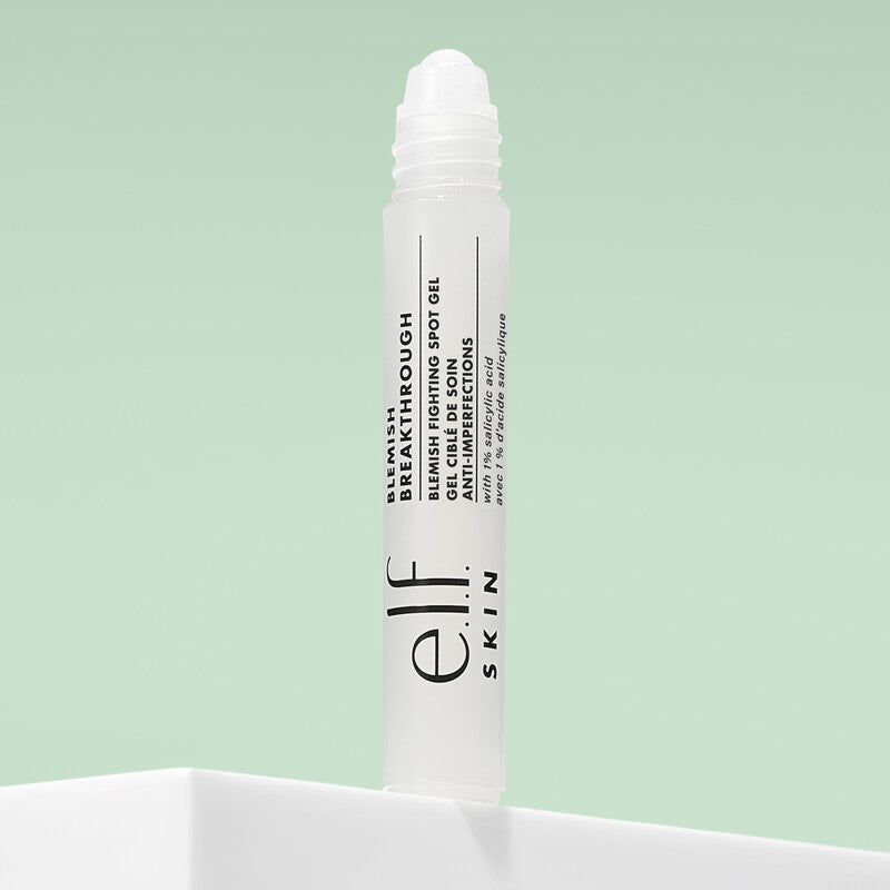 e.l.f Blemish Breakthrough Fighting Spot Gel in roll-on bottle, designed for treating and soothing blemishes.