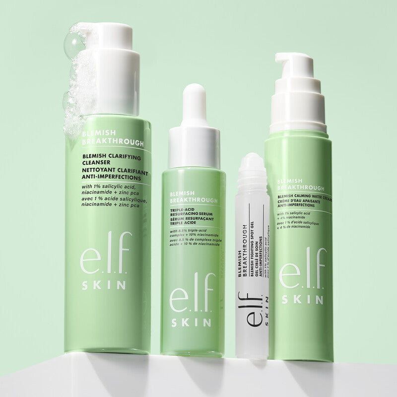 e.l.f Blemish Breakthrough skincare products including cleanser and anti-blemish serum on a light green background.