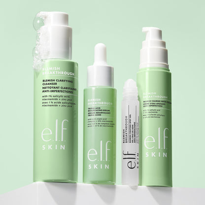 e.l.f Blemish Breakthrough skincare products including cleanser and anti-blemish serum on a light green background.