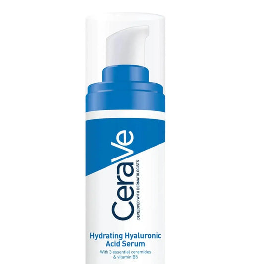 CeraVe Hydrating Hyaluronic Acid Serum 30ml bottle with blue label, designed for long-lasting skin hydration.