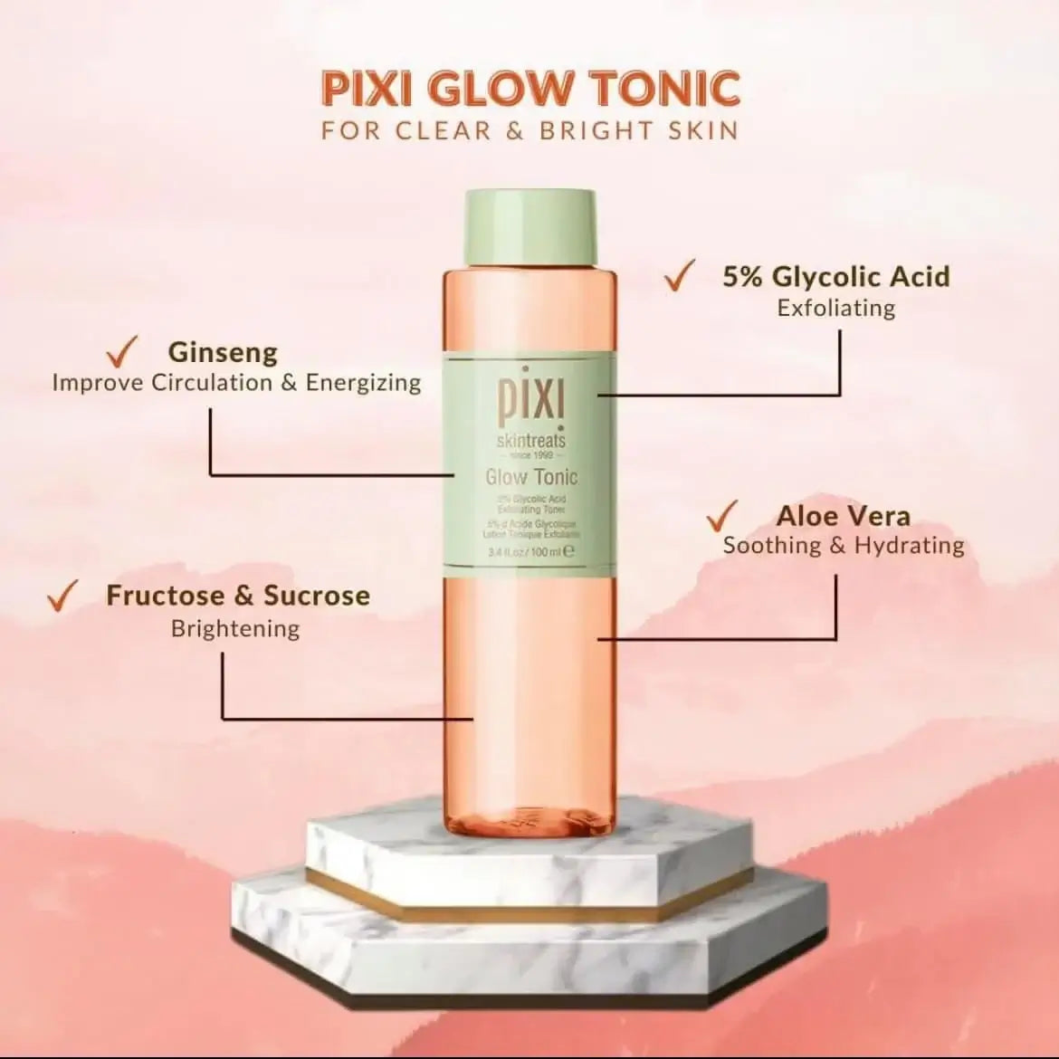 Pixi Glow Tonic 250ml bottle with ingredients highlights: Glycolic Acid, Ginseng, Aloe Vera on a marble stand.