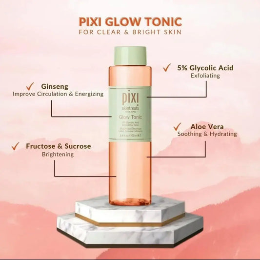 Pixi Glow Tonic 250ml bottle with ingredients highlights: Glycolic Acid, Ginseng, Aloe Vera on a marble stand.