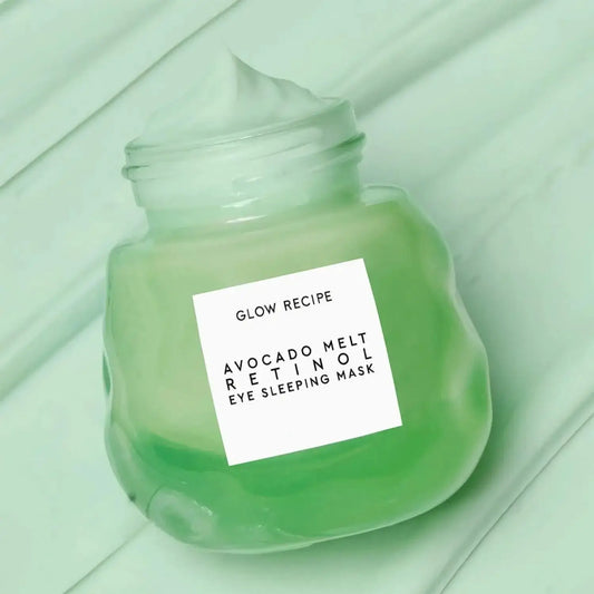 GLOW RECIPE Avocado Retinol Eye Sleeping Mask in a green jar, rich in antioxidants for nourishing under-eye care.