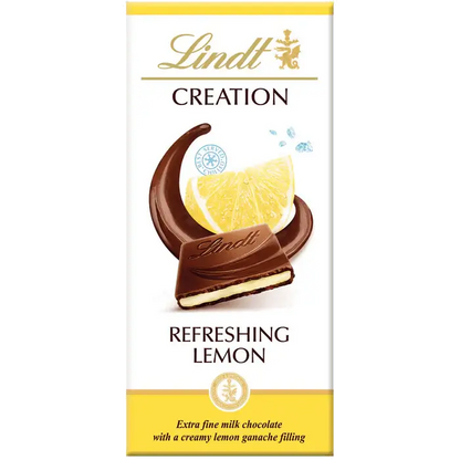 Lindt CREATION Lemon Bar 150g featuring extra fine milk chocolate and creamy lemon ganache filling.