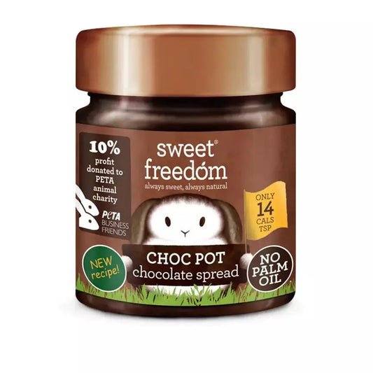 Sweet Freedom Choc Pot chocolate spread 250g with no palm oil, low calories, and vegan-friendly ingredients.