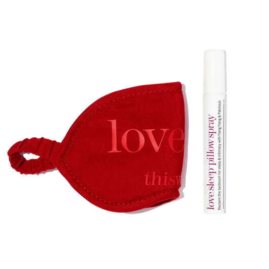 thisworks love sleep play time kit with red eye mask and pillow spray for relaxation and better sleep.