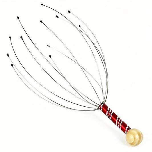 Octopus head massager with flexible wires and a wooden handle for stress relief and relaxation.