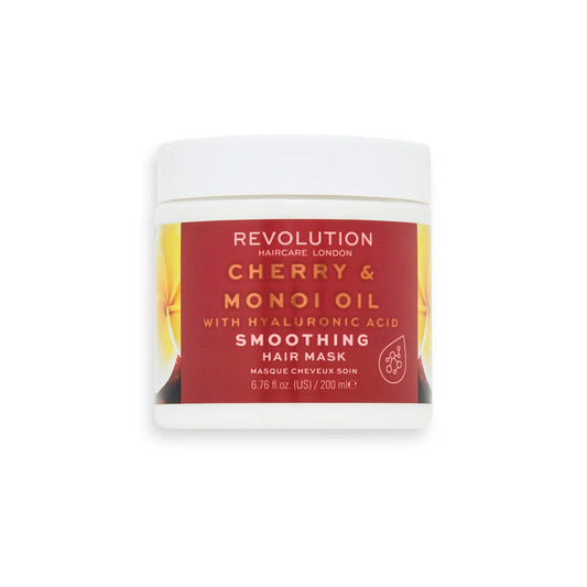 Revolution Haircare Cherry & Monoi Oil Smoothing Hair Mask 200ml in a sleek jar, enriched with hyaluronic acid for soft, shiny hair.