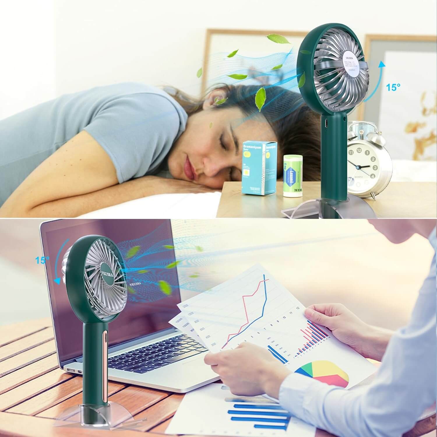 VKUSRA handheld fan with 4 speeds, used during travel, providing cool breeze in a stylish green design.