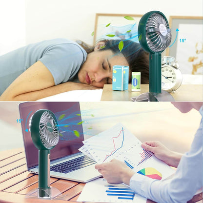 VKUSRA handheld fan with 4 speeds, used during travel, providing cool breeze in a stylish green design.