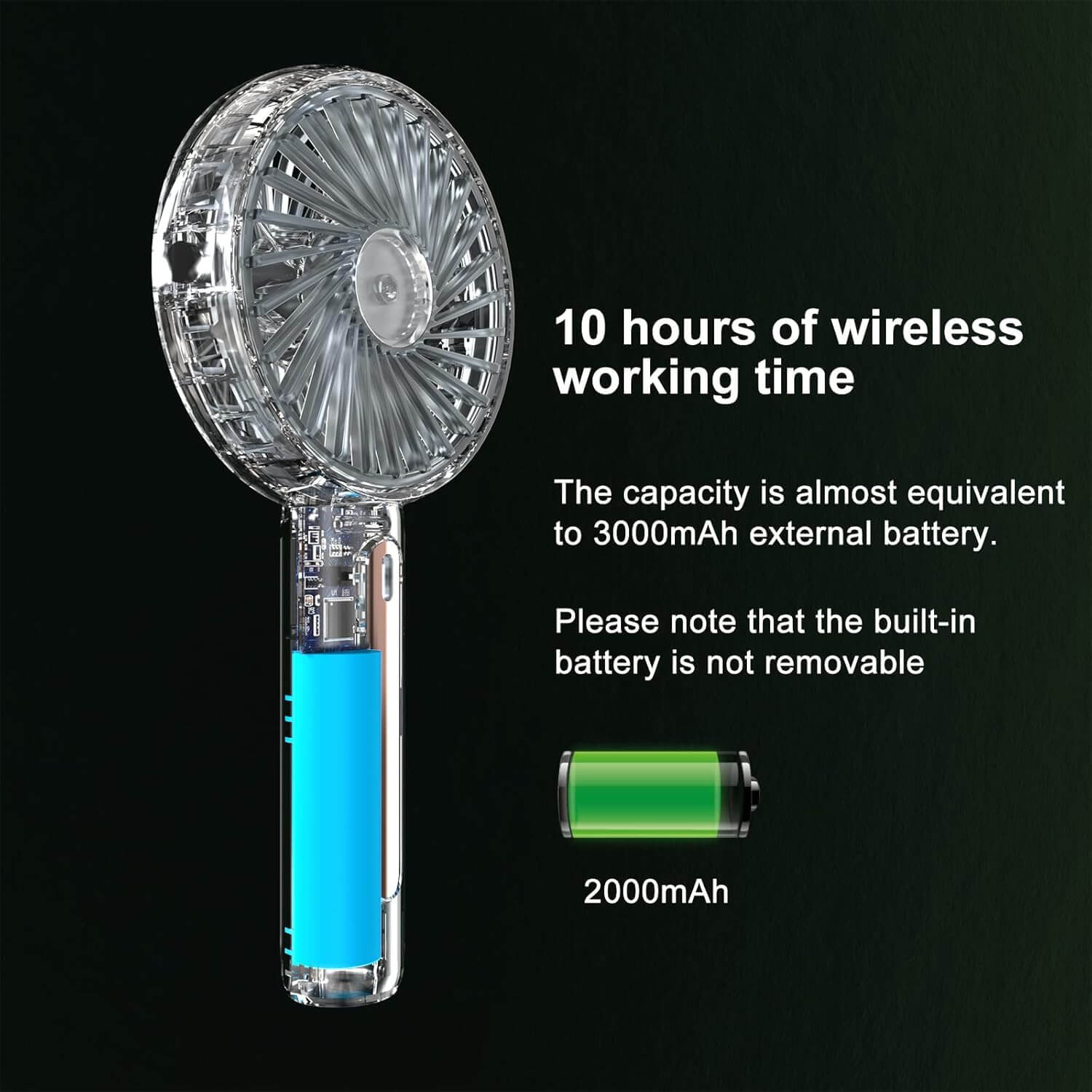 Handheld fan showing 10 hours wireless working time and 2000mAh built-in battery capacity.
