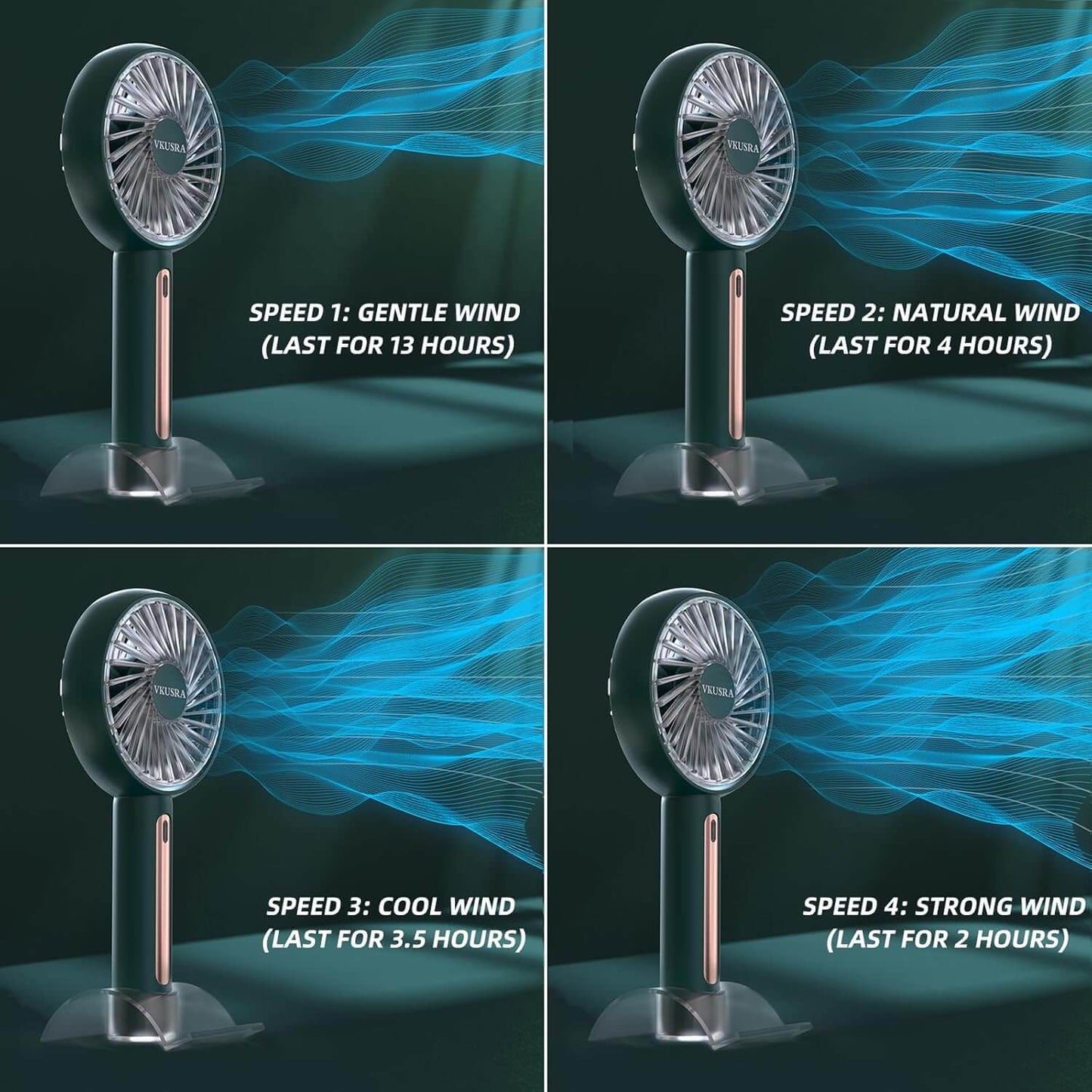 VKUSRA Handheld Fan with 4 speeds: Gentle wind, Natural wind, Cool wind, Strong wind for portable cooling.