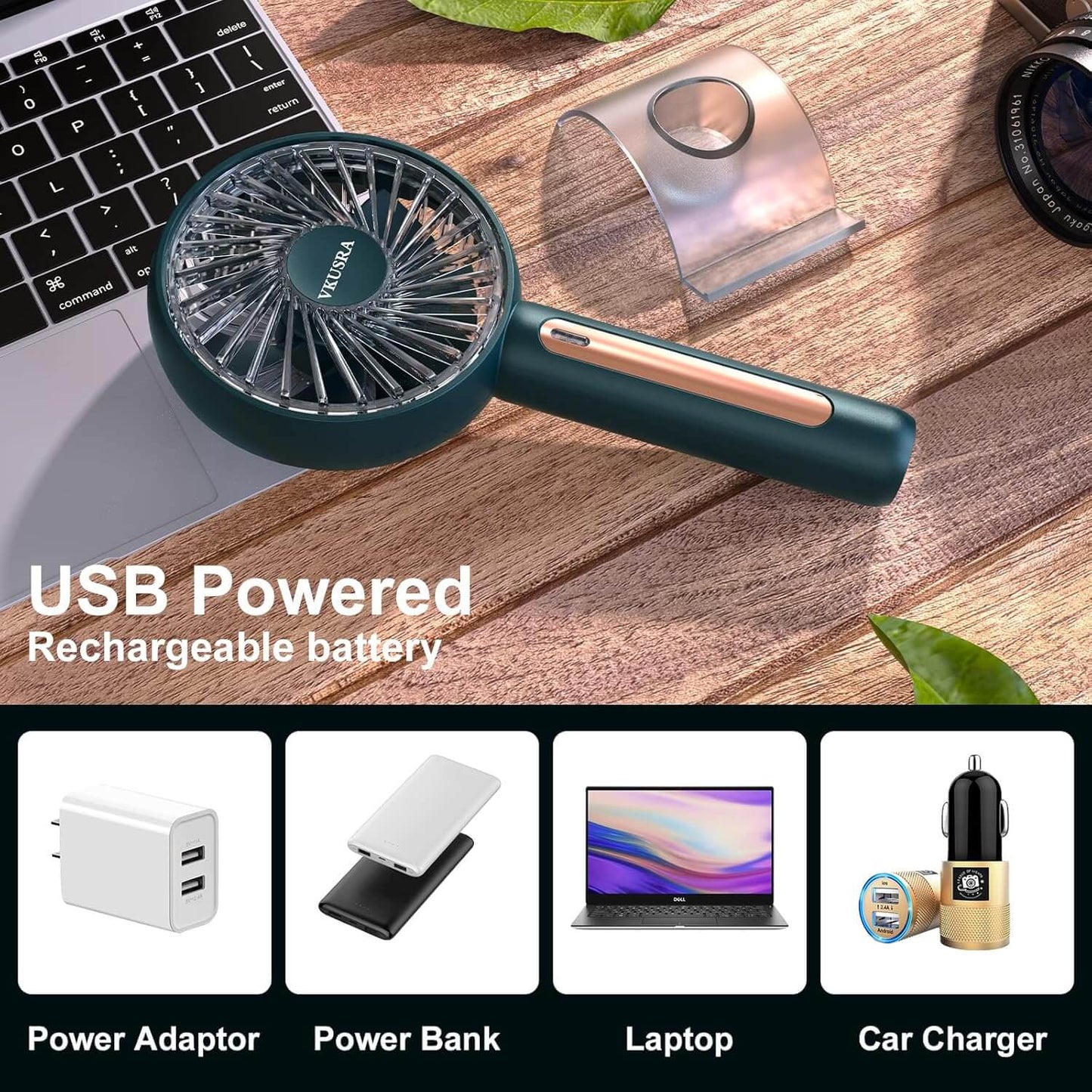 VKUSRA handheld fan on a desk, showing USB powered features and compatible charging options.
