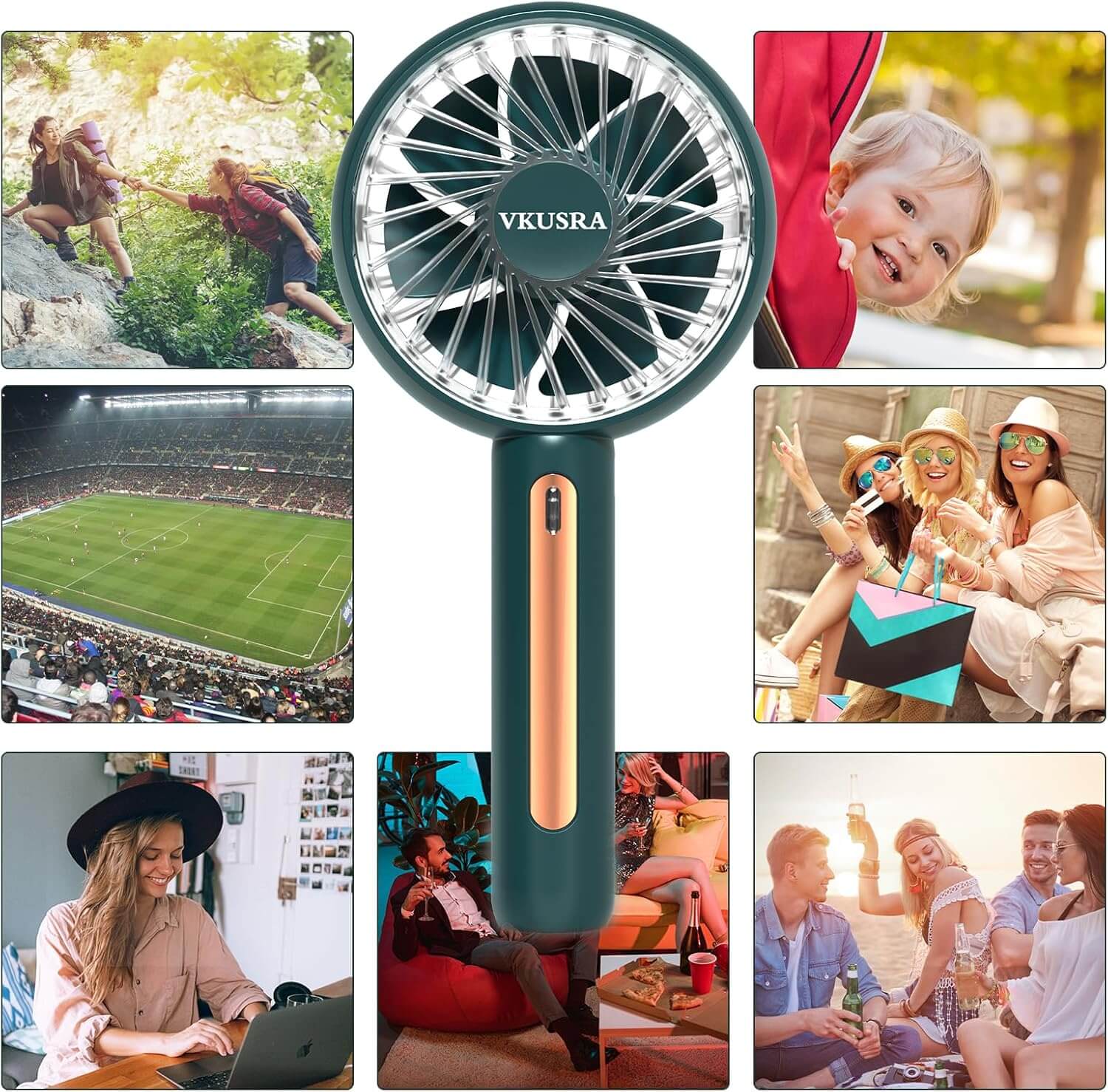 VKUSRA Handheld Travel Fan with 4 speeds, ideal for outdoor activities and personal cooling.
