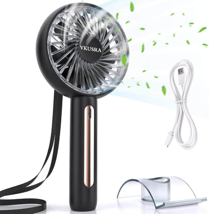 VKUSRA handheld travel fan with 4 speeds, rechargeable battery, and USB cable, perfect for summer cooling.