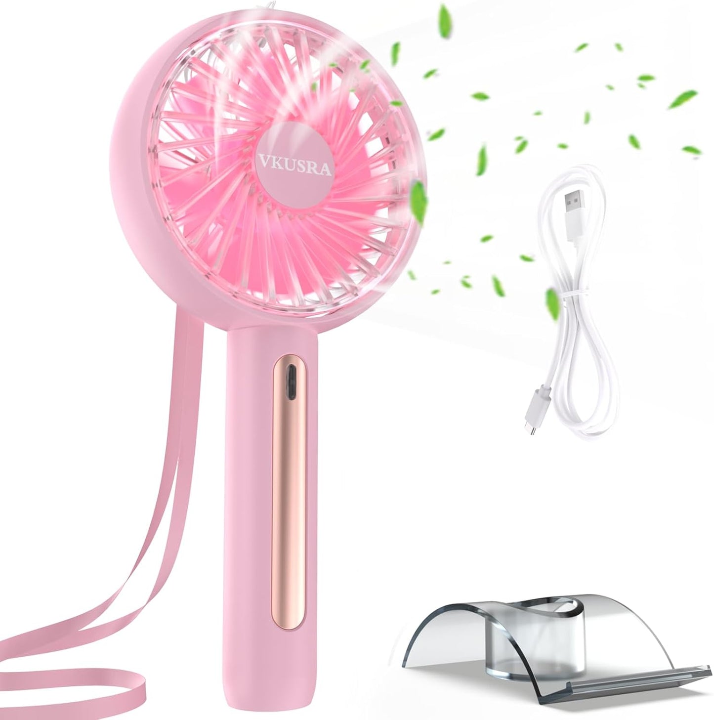 VKUSRA handheld fan in pink with USB charger, perfect for portable cooling and travel.