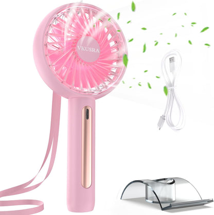 VKUSRA handheld fan in pink with USB charger, perfect for portable cooling and travel.