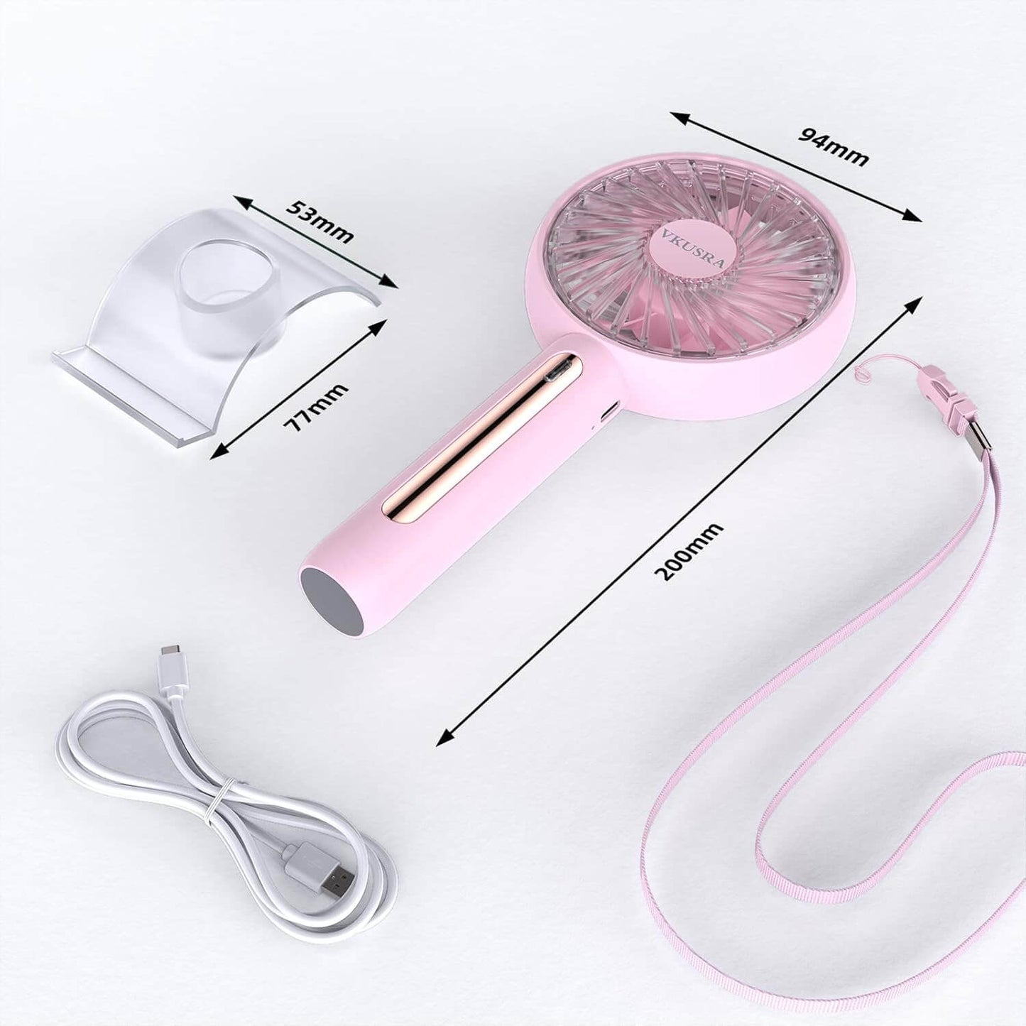 VKUSRA handheld travel fan with dimensions, charging cable, and adjustable stand in soft pink color.