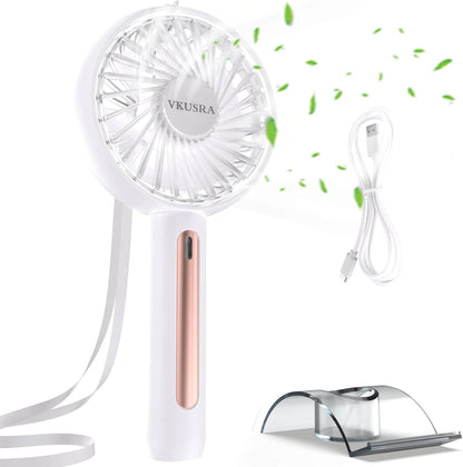 VKUSRA handheld fan with USB cable, featuring 4 speeds and a sleek design for portable cooling.