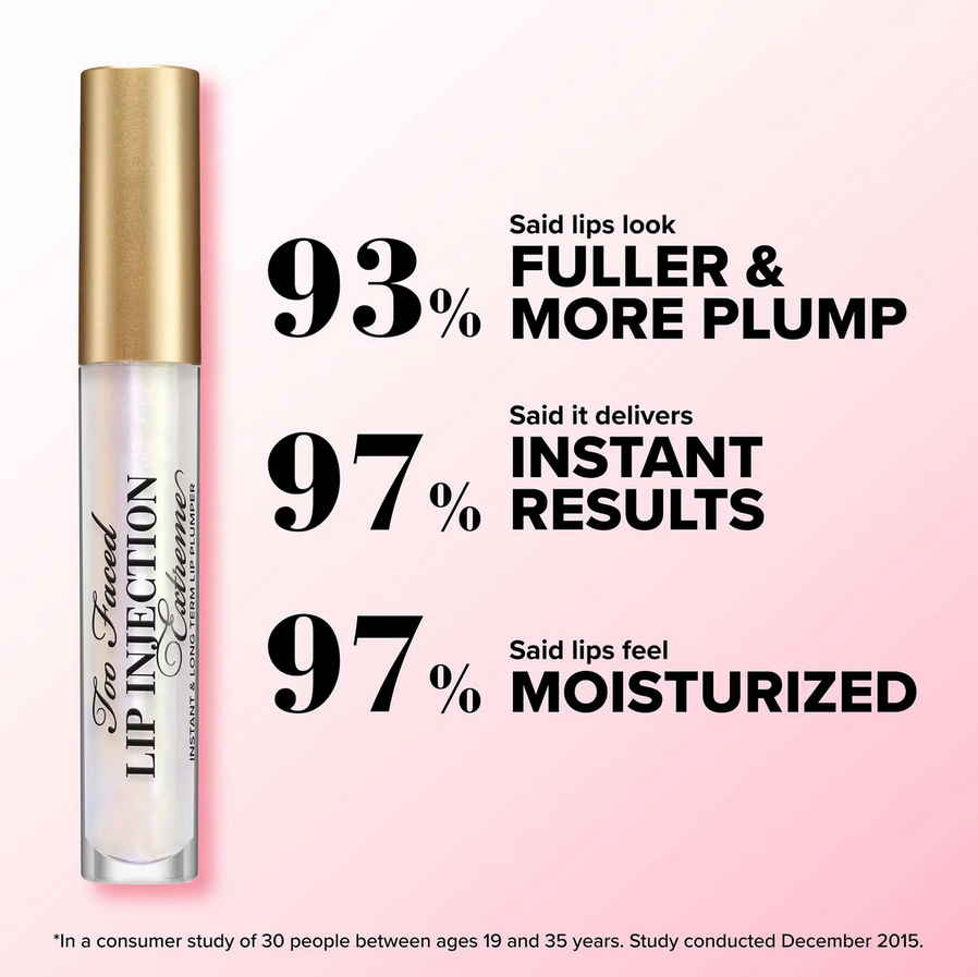 Too faced Lip injection product with claims of fuller lips, instant results, and moisturized feeling on a pink background.