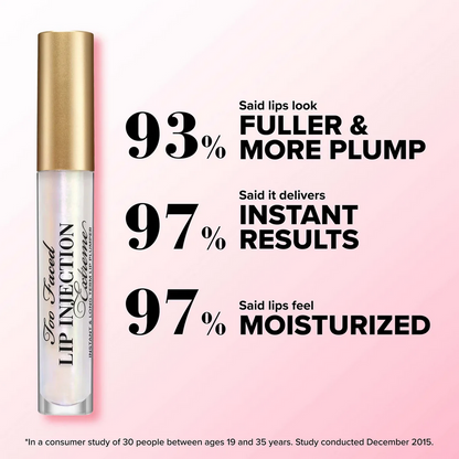 Too faced Lip injection product with claims of fuller lips, instant results, and moisturized feeling on a pink background.