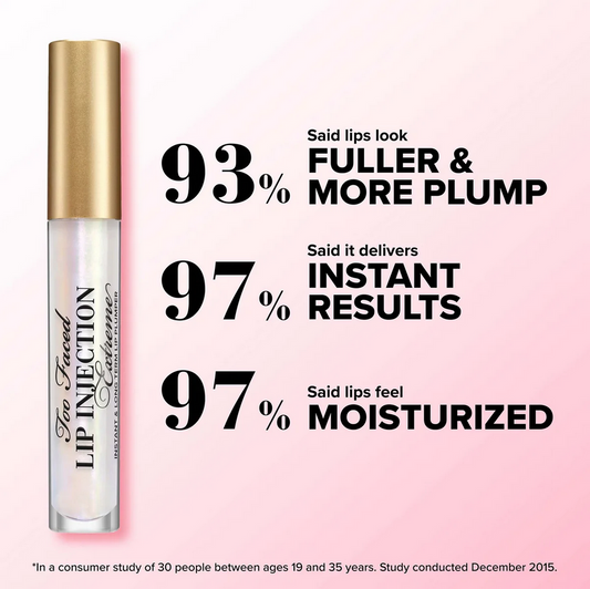 Too faced Lip injection product with claims of fuller lips, instant results, and moisturized feeling on a pink background.