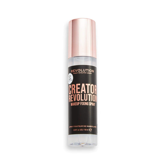 Revolution Fix Setting Spray in sleek bottle for long-lasting makeup hold and a glowy finish.