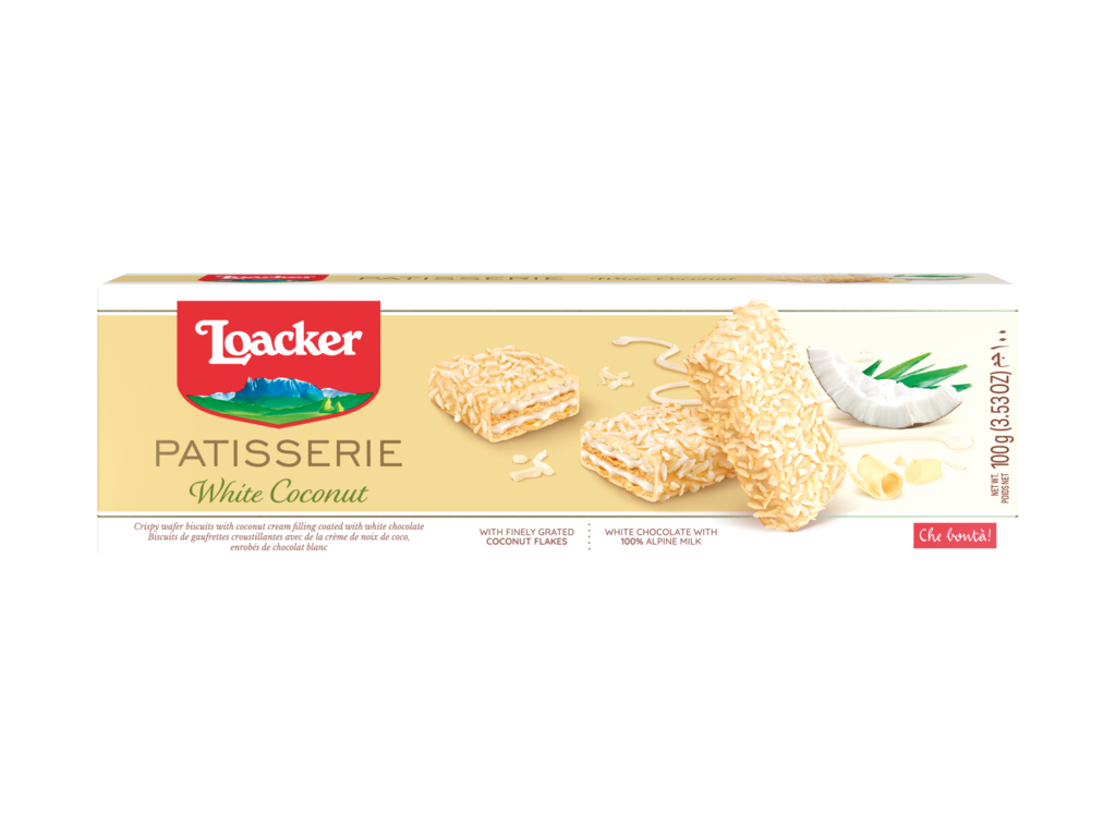 Loacker Patisserie White Coconut 100g packaging featuring white chocolate and coconut treats.