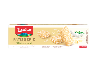 Loacker Patisserie White Coconut 100g packaging featuring white chocolate and coconut treats.