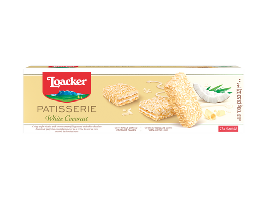 Loacker Patisserie White Coconut 100g packaging featuring white chocolate and coconut treats.