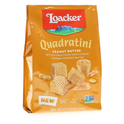 Loacker Quadratini Peanut Butter wafer cookies, bite-sized cream-filled, 250g pack featuring crunchy texture and rich peanut butter flavor.