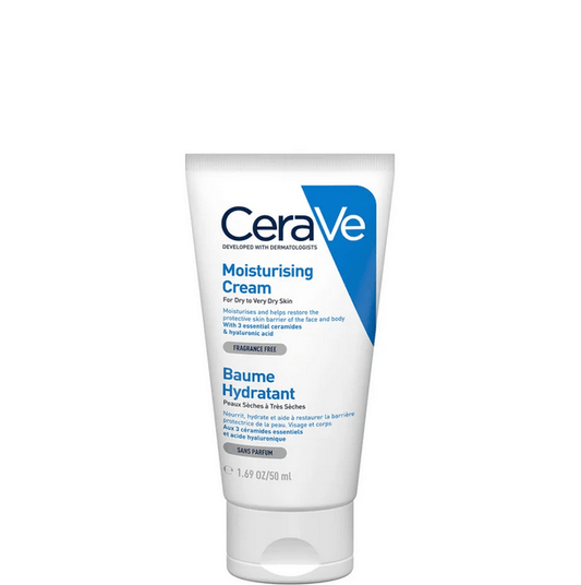 CeraVe Moisturising Cream tube for dry skin, hydrating formula with ceramides and hyaluronic acid, fragrance-free 50ml.