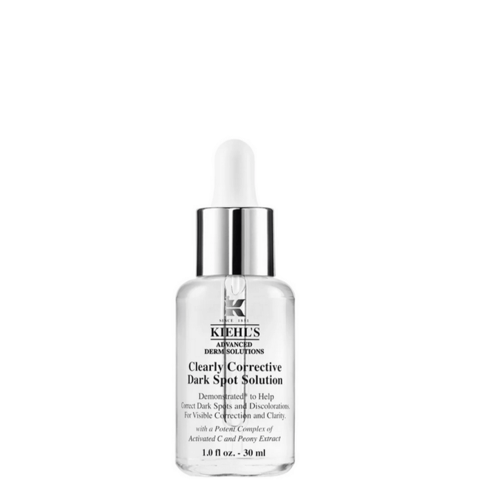 Kiehl's Clearly Corrective Dark Spot Solution serum in a glass dropper bottle for brightening skin and reducing discoloration.