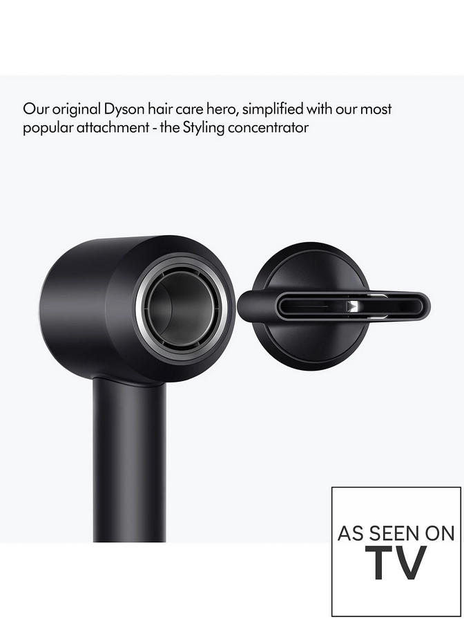 Black hair dryer with styling concentrator attachment on a white background