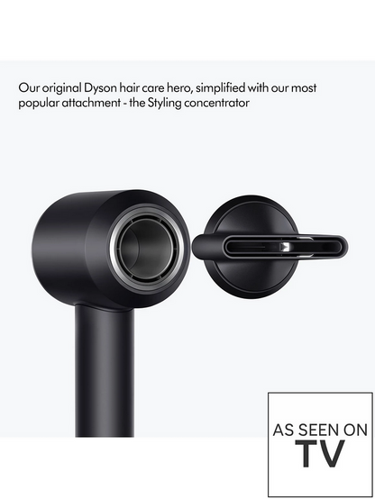 Black hair dryer with styling concentrator attachment on a white background