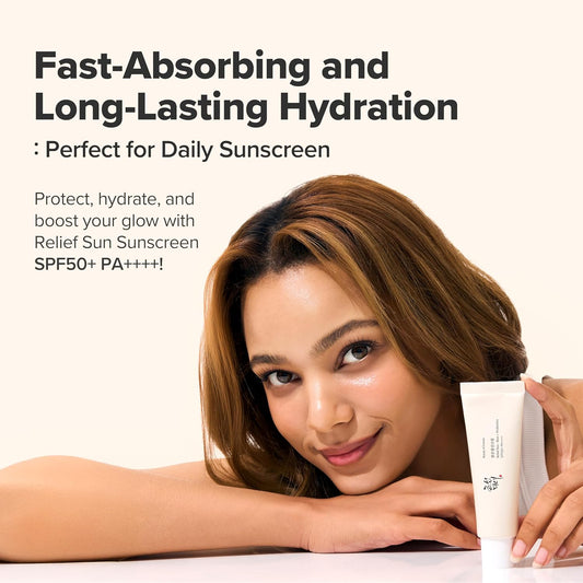 Woman holding a tube of sunscreen with text about fast-absorbing and long-lasting hydration.