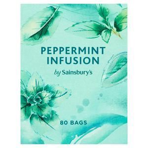 Sainsbury's Peppermint Infusion tea bags packaging with green leaves, contains 80 bags for a refreshing brew.