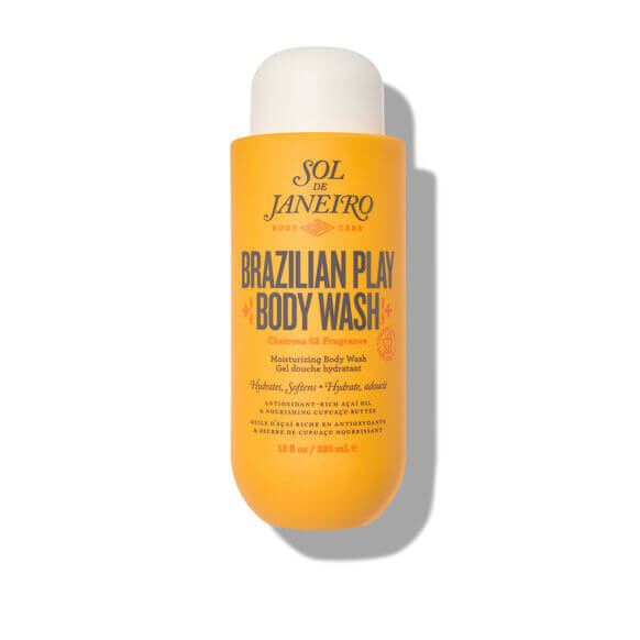 Sol de Janeiro Brazilian 4 Play Moisturizing Shower Cream-Gel in yellow bottle for a tropical skincare experience.