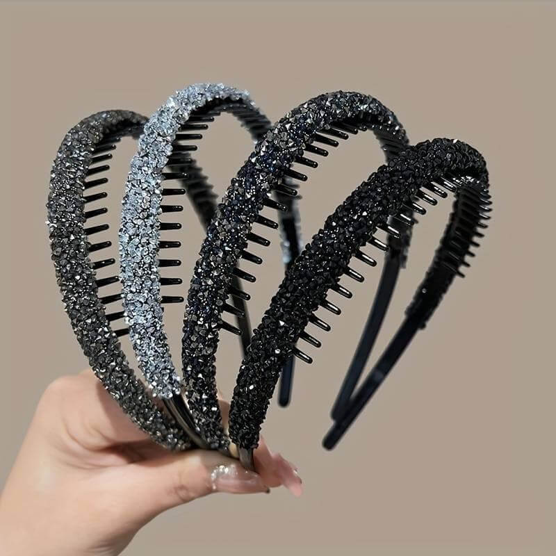 Elegant shiny rhinestone headbands in black and silver, featuring teeth for secure styling. Pre-order now!