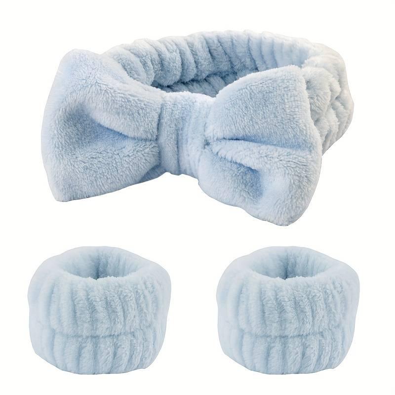 Light blue 3pcs face wash wristband headband set for skincare routines, featuring a bow headband and two soft wristbands.