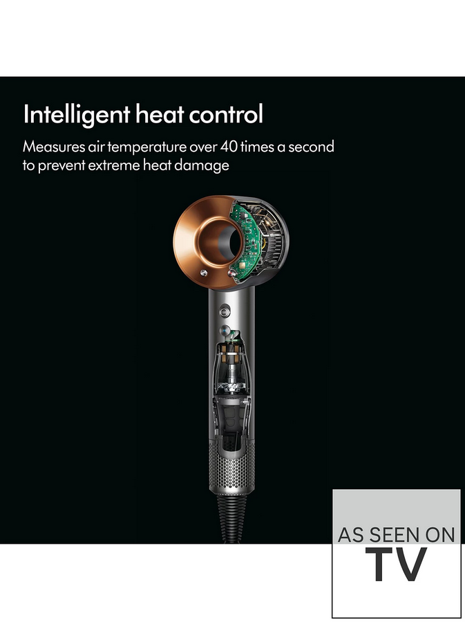 Hair dryer with intelligent heat control feature on a black background