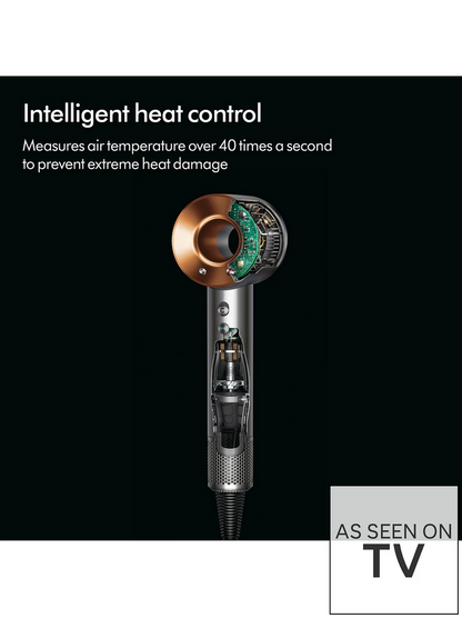 Hair dryer with intelligent heat control feature on a black background