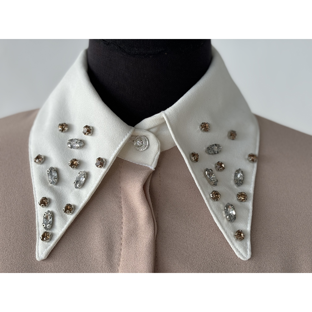 Elegant NED collar dress adorned with sparkling rhinestones for a sophisticated, stylish evening look.