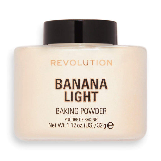 Makeup Revolution Banana Light Loose Baking Powder packaging, 1.12 oz, perfect for brightening and setting makeup.