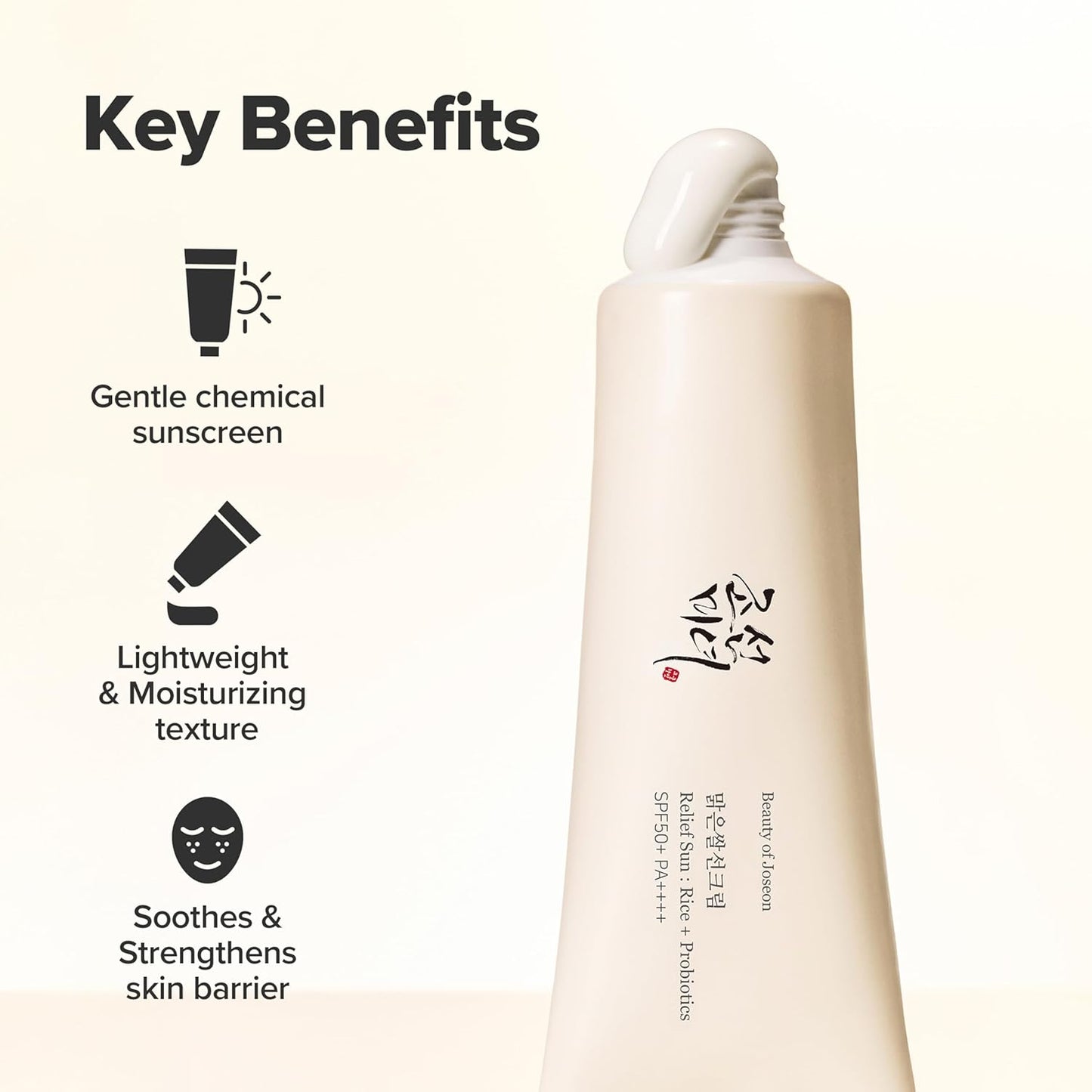 Skincare product with key benefits listed on a white background