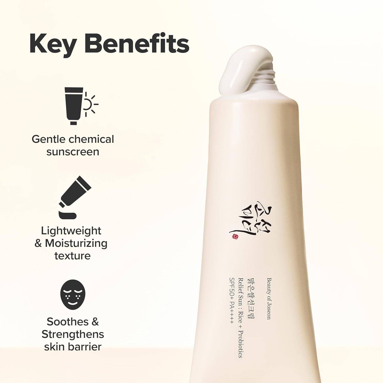 Skincare product with key benefits listed on a white background