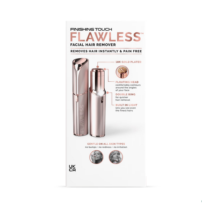 Flawless facial hair remover packaging with product images on a white background