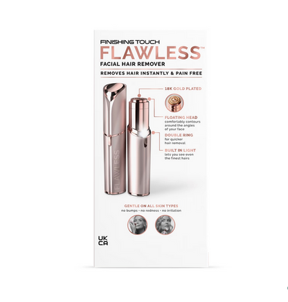 Flawless facial hair remover packaging with product images on a white background