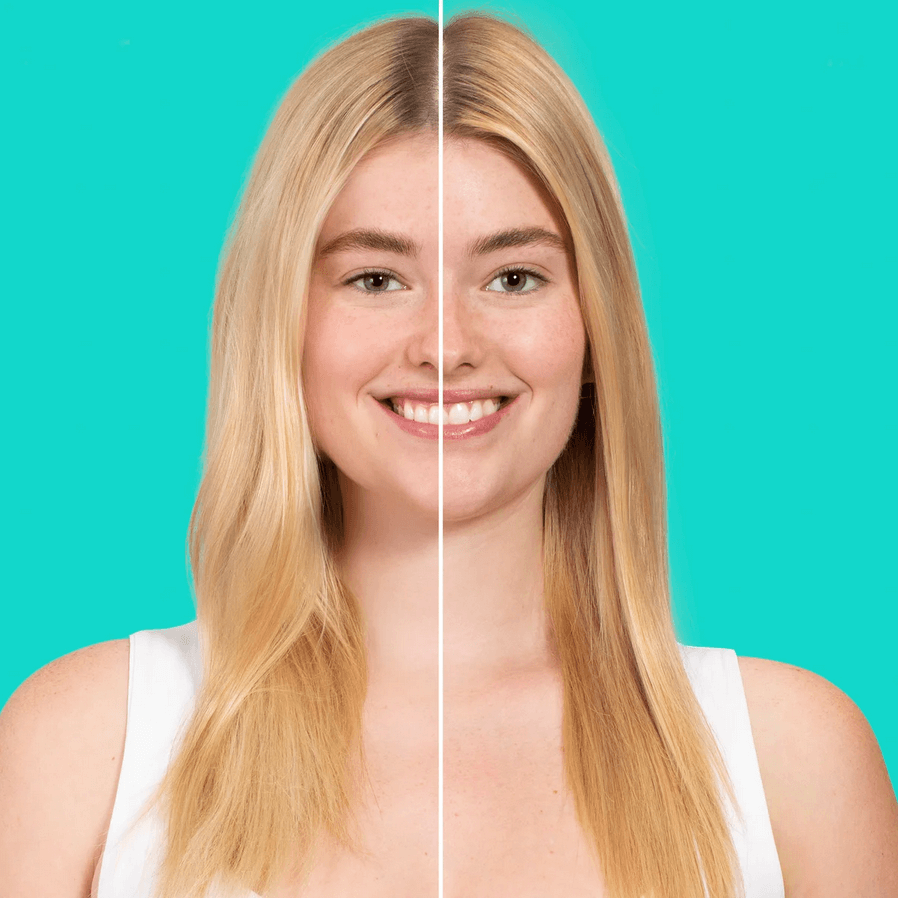 Transformation of hair using Sol de Janeiro Brazilian Joia Haircare Bundle; before and after comparison.