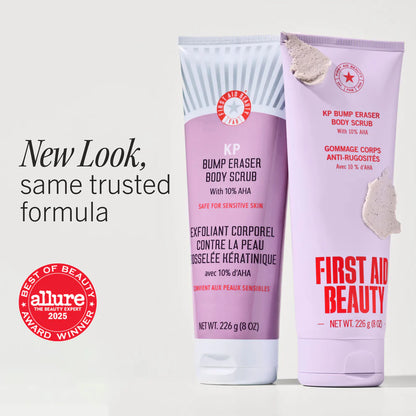 Two tubes of First Aid Beauty KP Bump Eraser Body Scrub on a light gray background with 'Allure' award badge.